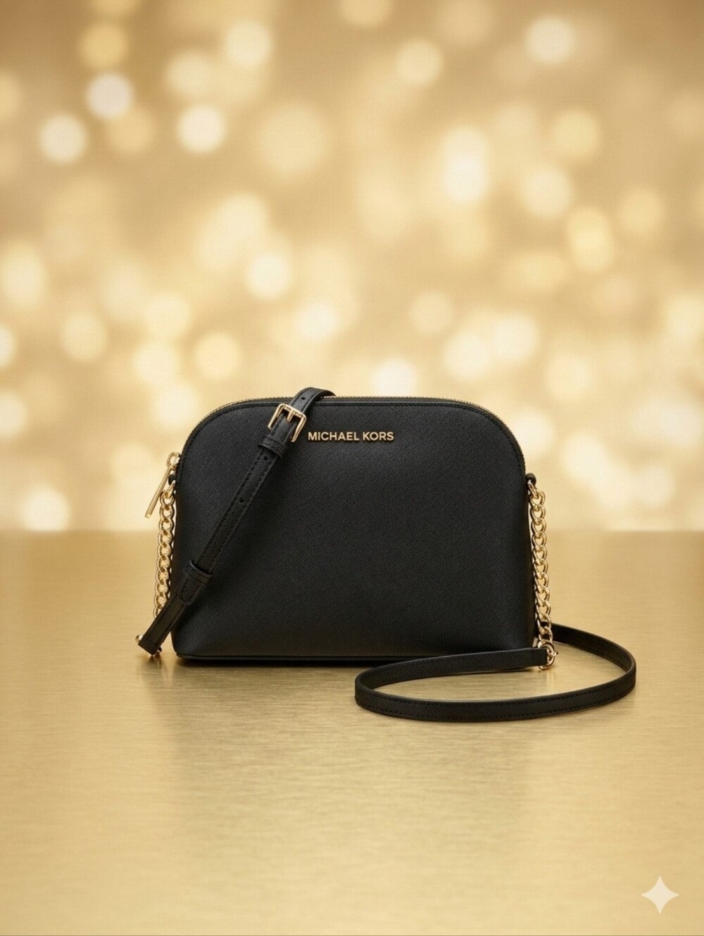 Michael Kors Black Vinyl Crossbody with Gold Chain Detail & Adjustable Strap